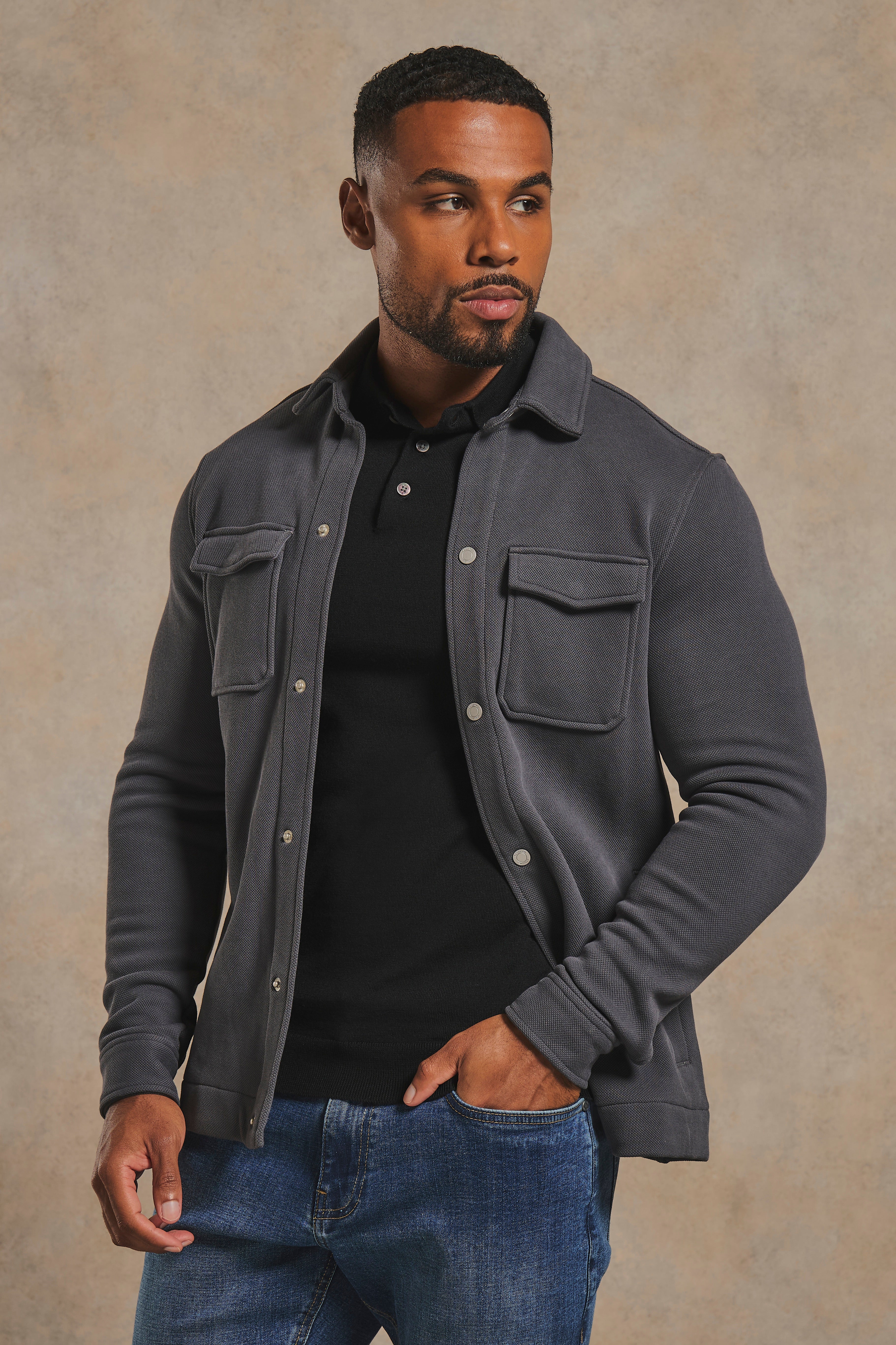 Textured Jersey Shacket in Charcoal