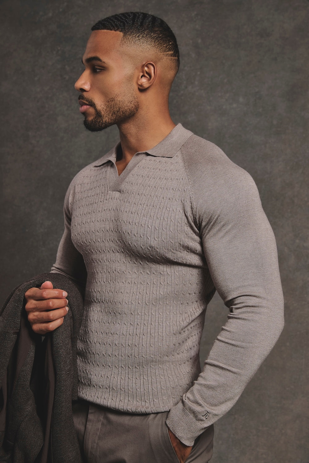 Fine Cable Knitted Polo Shirt in Neutral Marl