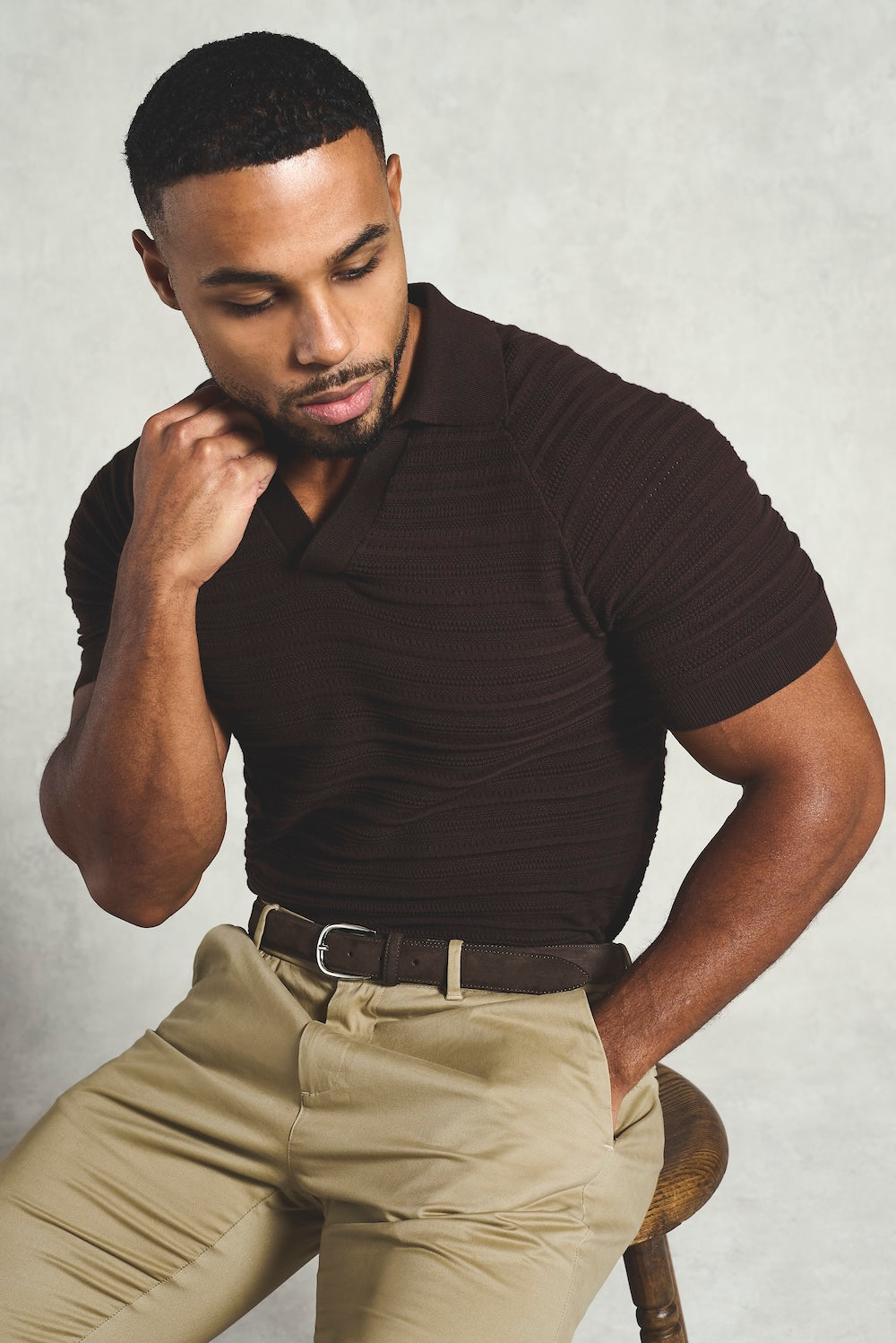 Horizontal Stripe Cotton Knitted Polo Shirt in Chocolate