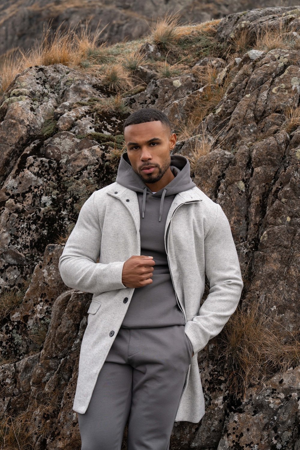 Funnel Neck Overcoat in Pale Grey