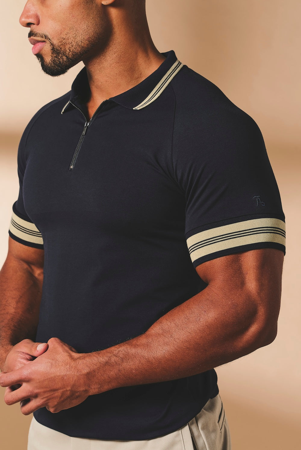 Tipped Zip Neck Polo in Navy and Stone
