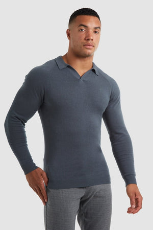 Buttonless Open Collar Polo in Petrol - TAILORED ATHLETE - ROW