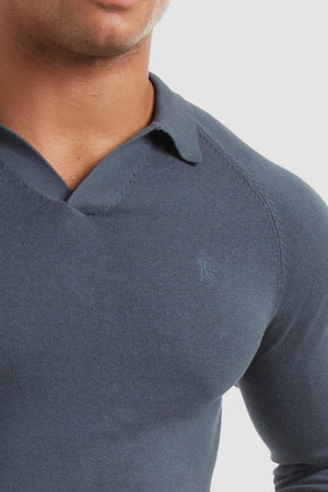 Buttonless Open Collar Polo in Petrol - TAILORED ATHLETE - ROW