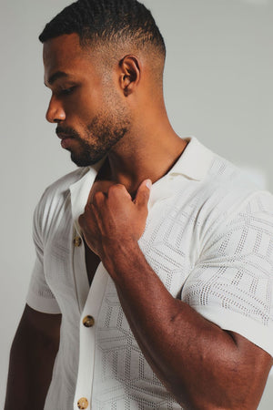 Geo Jacquard Revere Collar Knitted Shirt in White