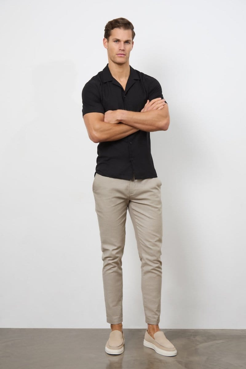 Linen Blend Cuban Collar Shirt in Black - TAILORED ATHLETE - ROW