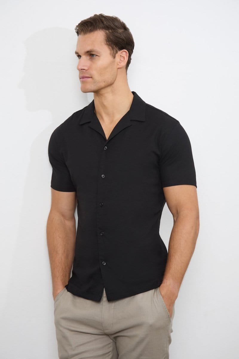Linen Blend Cuban Collar Shirt in Black - TAILORED ATHLETE - ROW