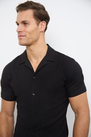 Linen Blend Cuban Collar Shirt in Black - TAILORED ATHLETE - ROW