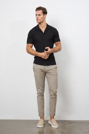 Linen Blend Cuban Collar Shirt in Black - TAILORED ATHLETE - ROW