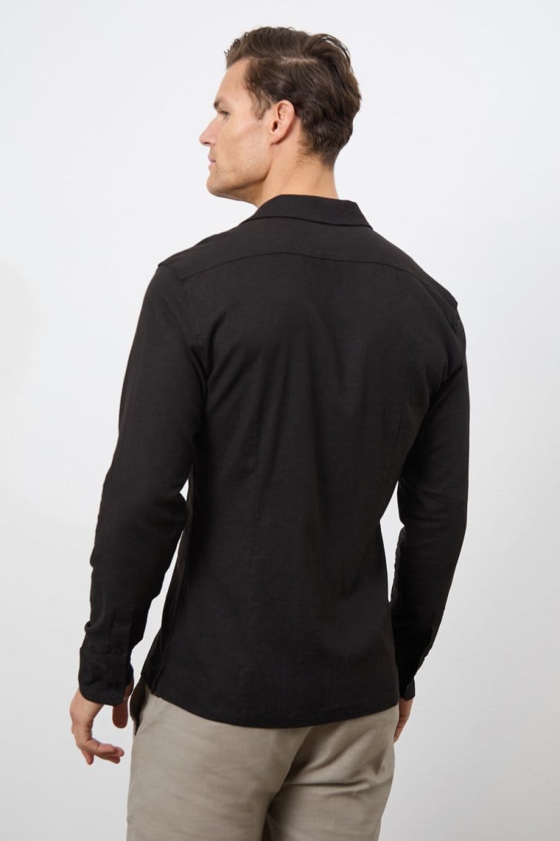 Linen Blend Cuban Collar Shirt in Black - TAILORED ATHLETE - ROW