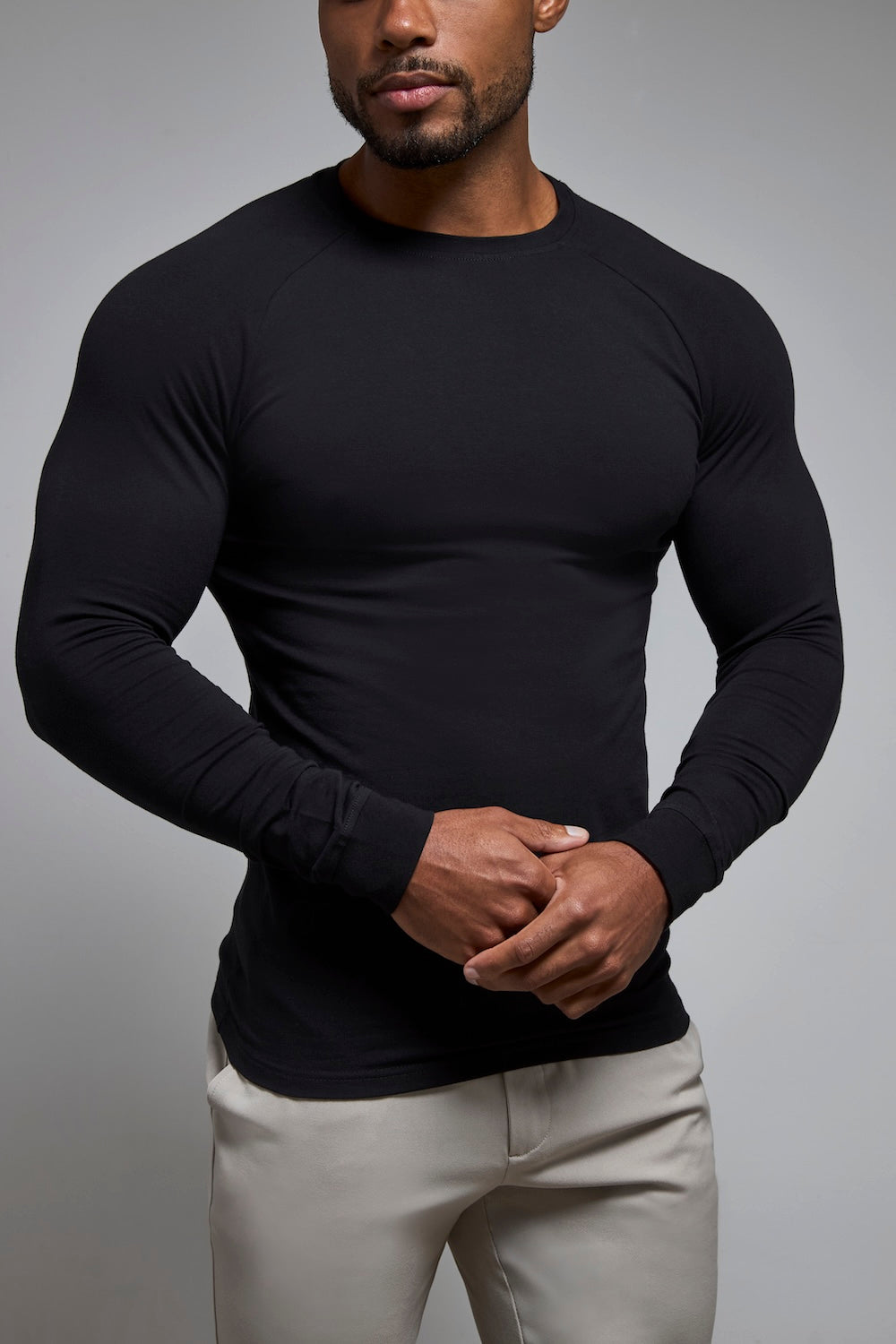 Muscle Fit 3 Pack Long Sleeve T-Shirt in Black, Navy & Khaki