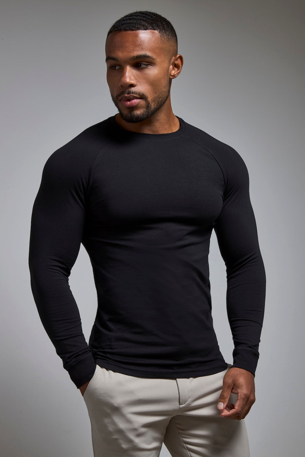 Muscle Fit 3 Pack Long Sleeve T-Shirt in Black, Navy & Khaki