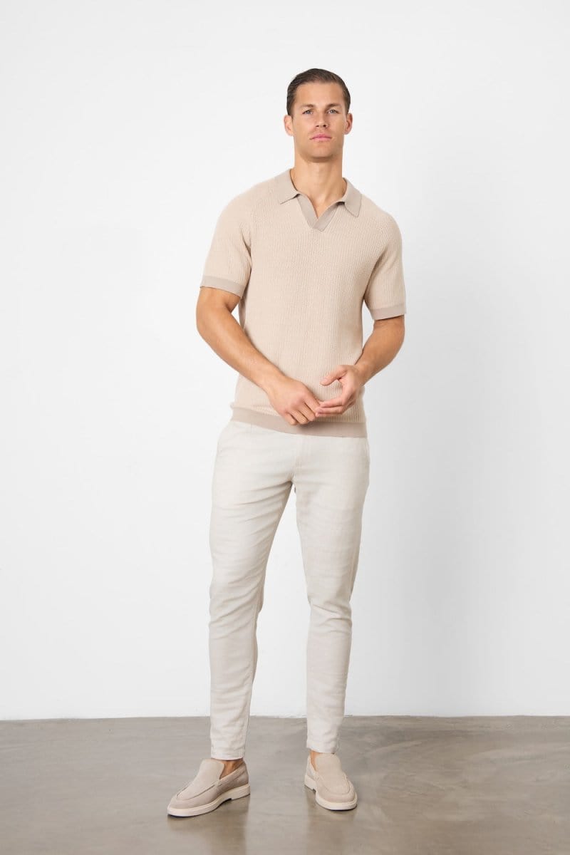 Contrast Textured Knitted Polo Shirt in Stone - TAILORED ATHLETE - ROW