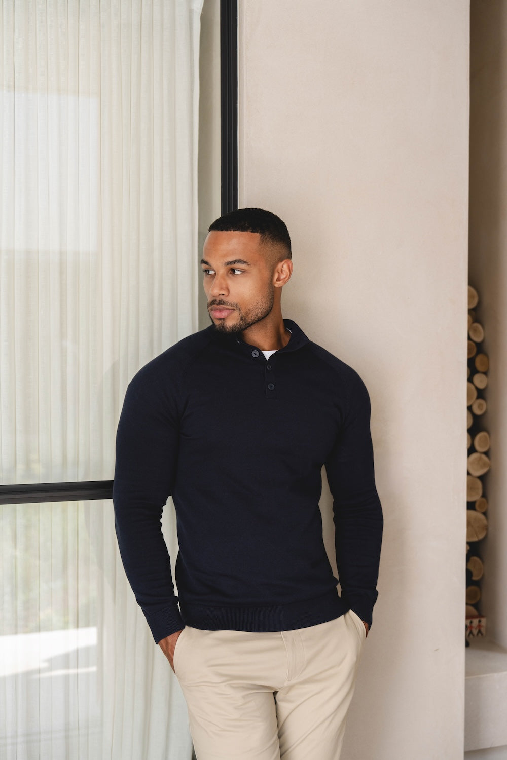 Pure Cotton Knitted Button Neck Jumper in Navy