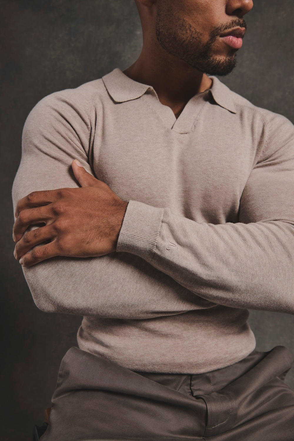 Pure Cotton Knitted Open Collar Polo Shirt in Neutral Marl