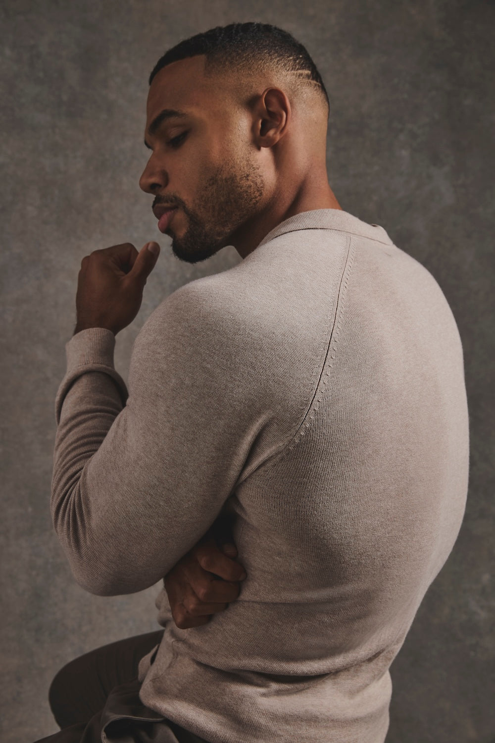 Pure Cotton Knitted Open Collar Polo Shirt in Neutral Marl