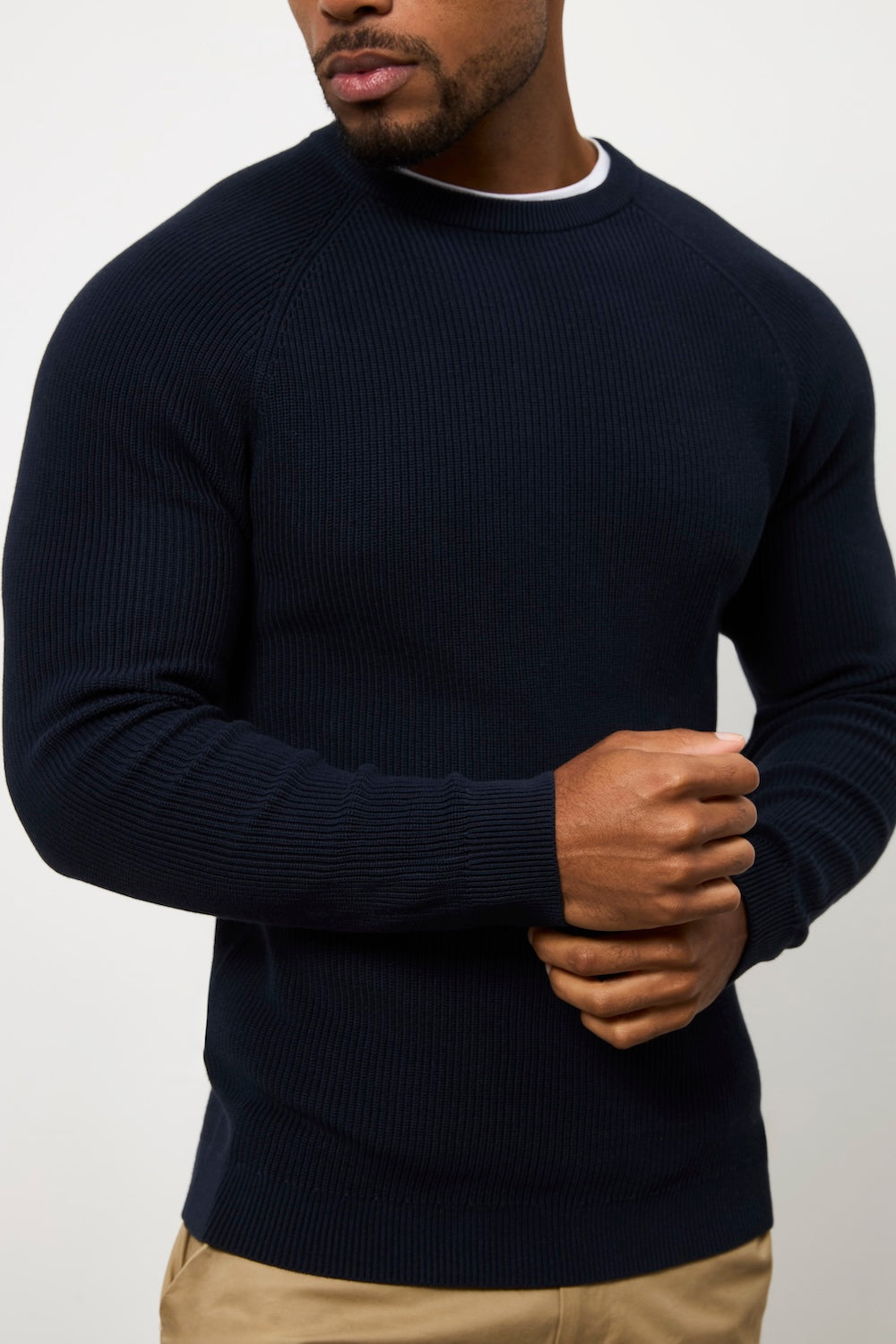 Pure Cotton Knitted Textured Crew Neck Jumper in Navy