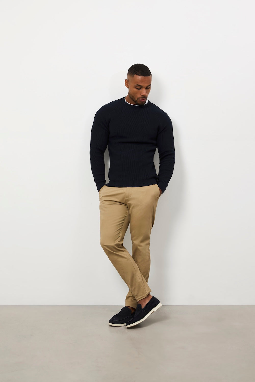 Pure Cotton Knitted Textured Crew Neck Jumper in Navy