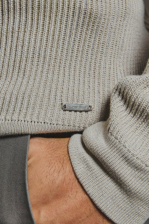 Cotton Textured Knitted Half Zip Polo Shirt in Stone