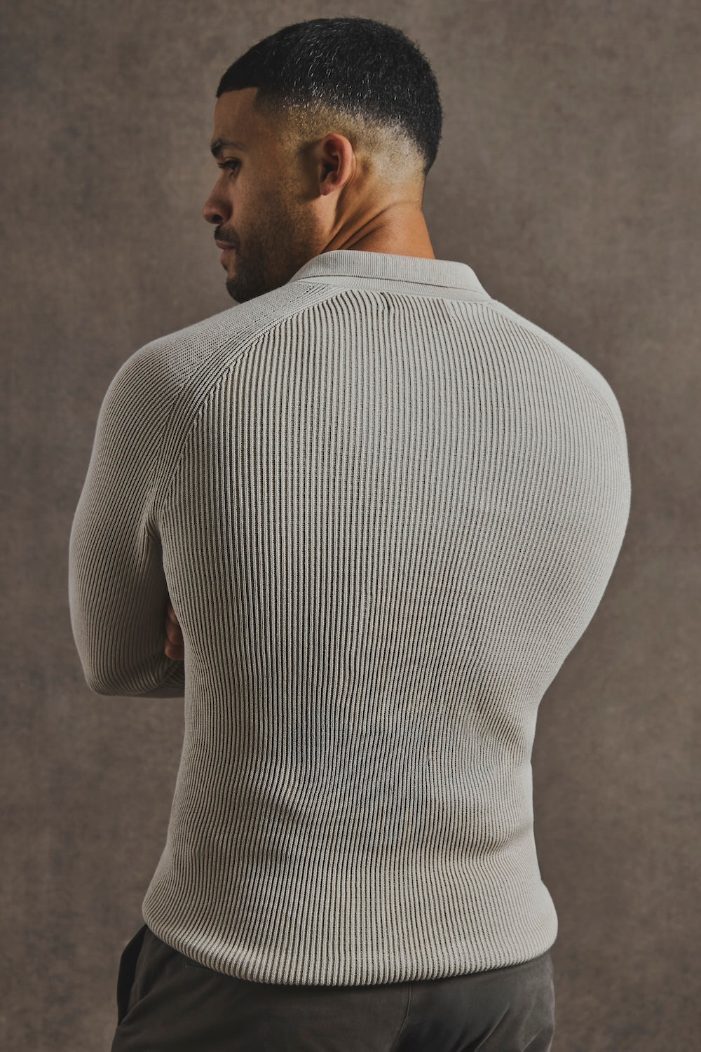 Cotton Textured Knitted Half Zip Polo Shirt in Stone