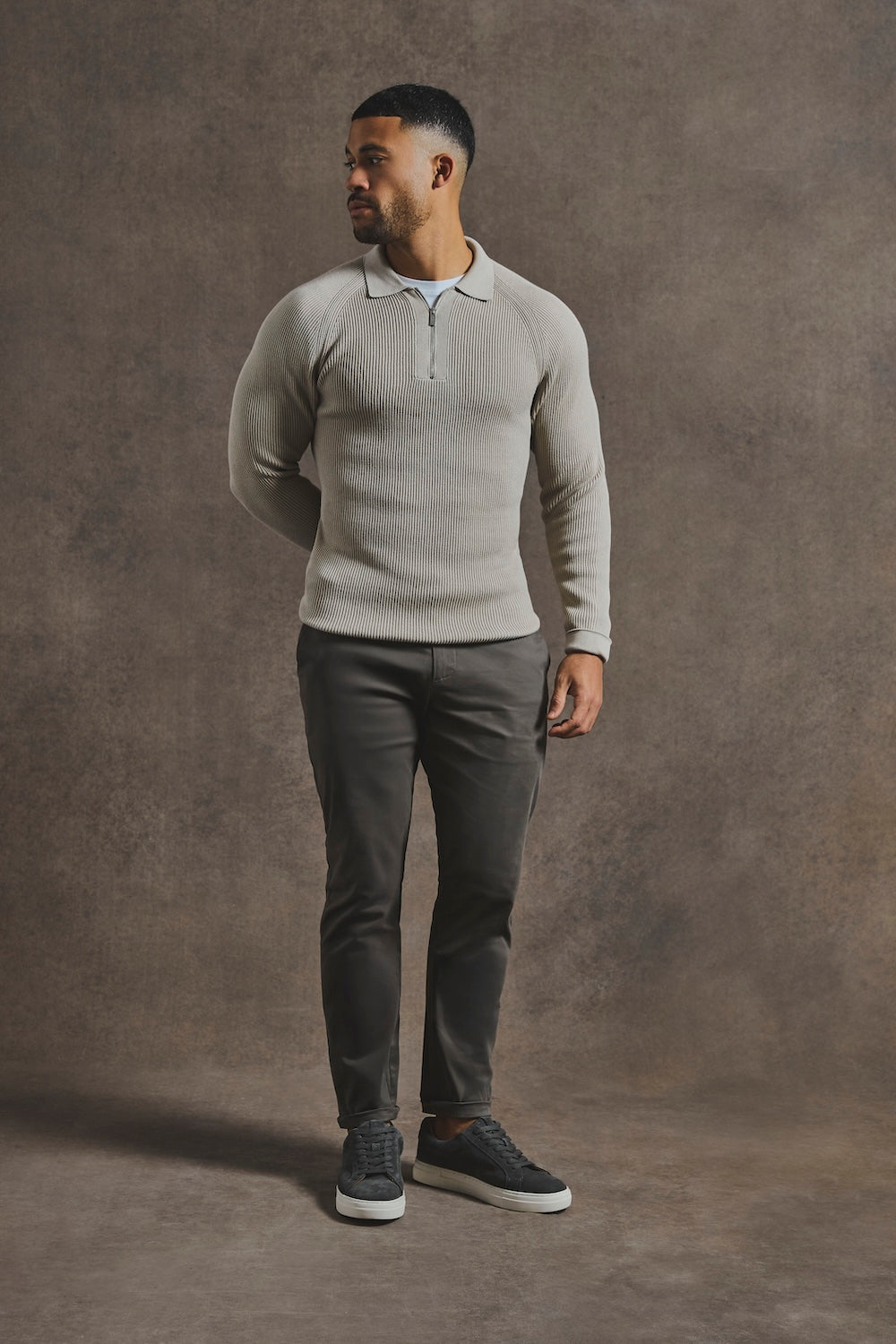 Cotton Textured Knitted Half Zip Polo Shirt in Stone