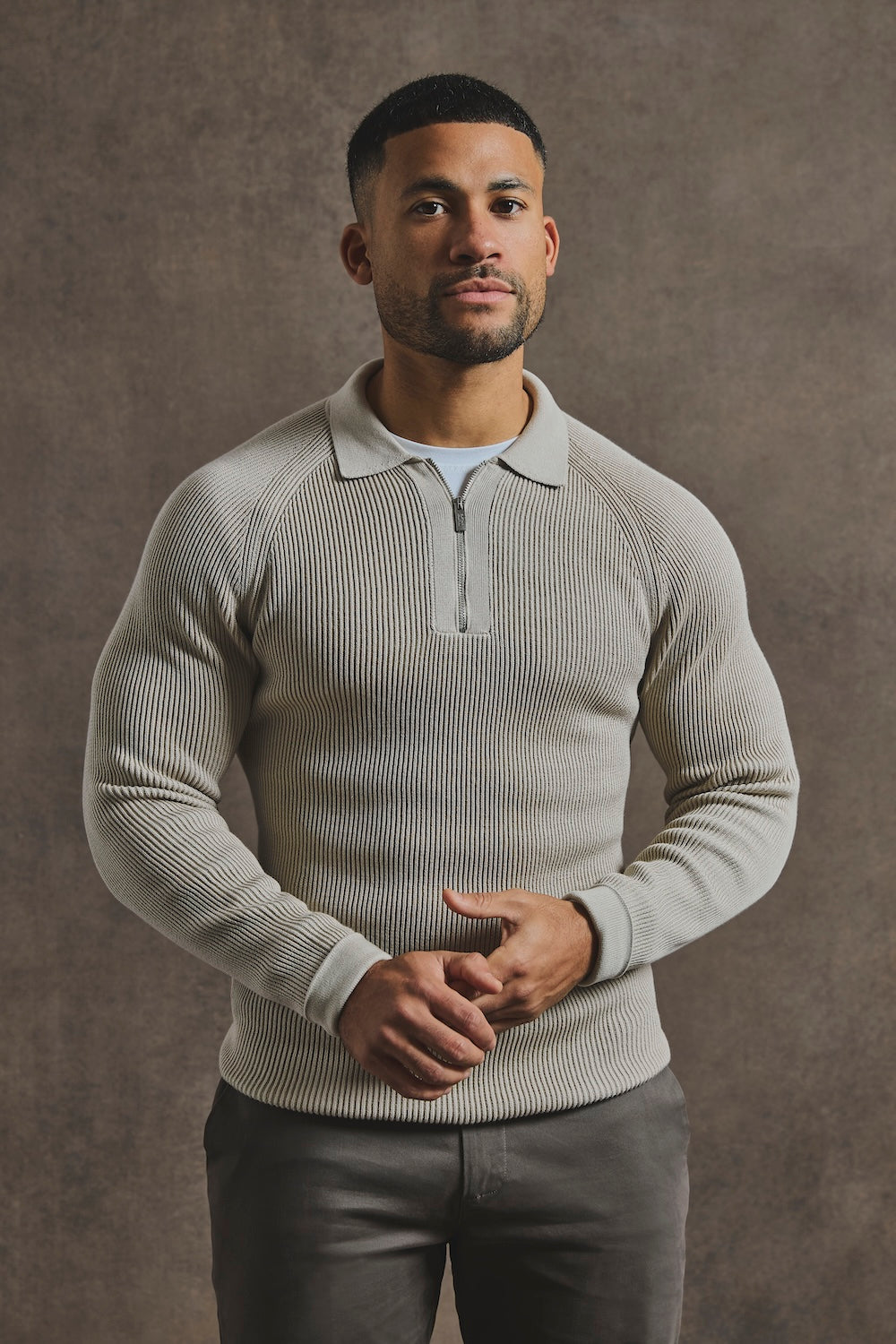 Cotton Textured Knitted Half Zip Polo Shirt in Stone
