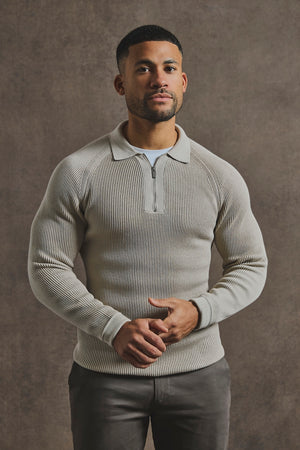 Cotton Textured Knitted Half Zip Polo Shirt in Stone