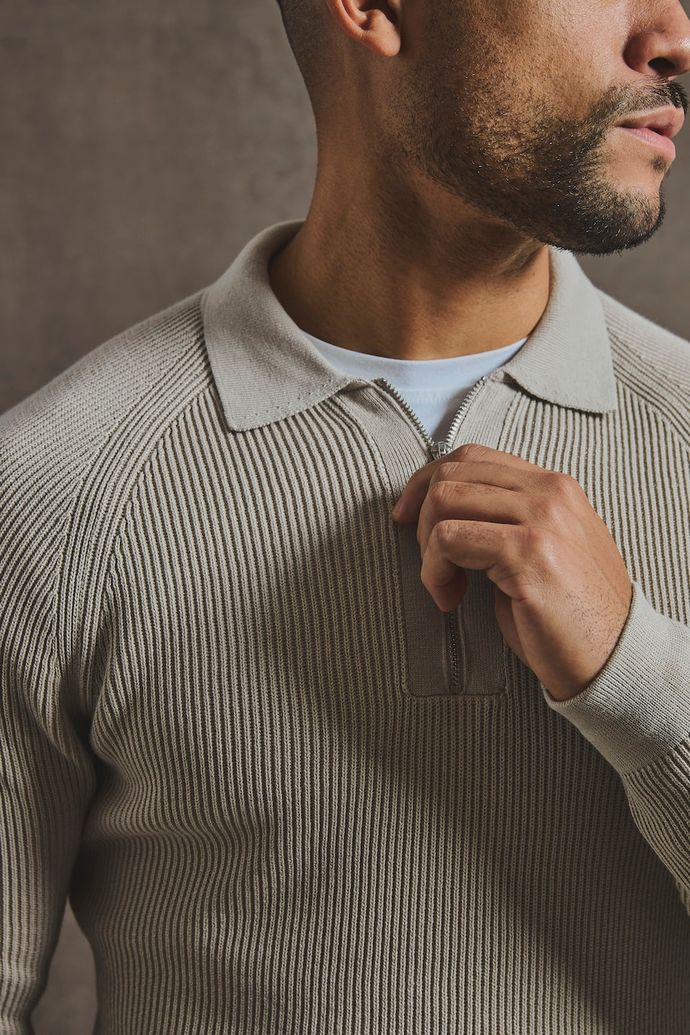 Cotton Textured Knitted Half Zip Polo Shirt in Stone
