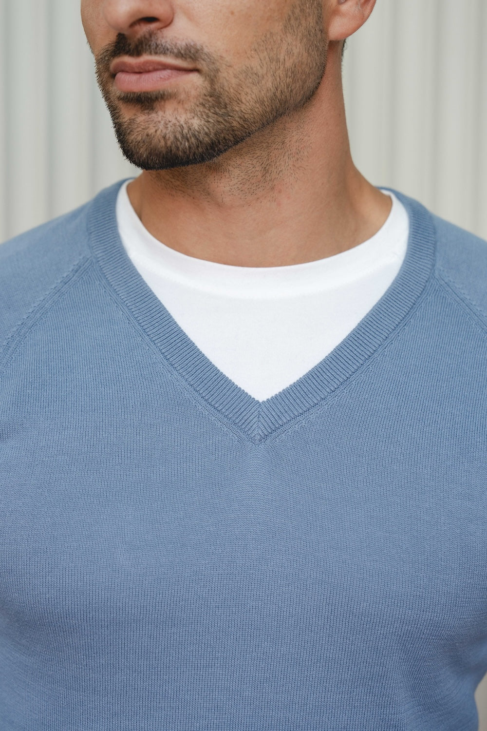 Pure Cotton Knitted V-Neck Jumper in Airforce Blue