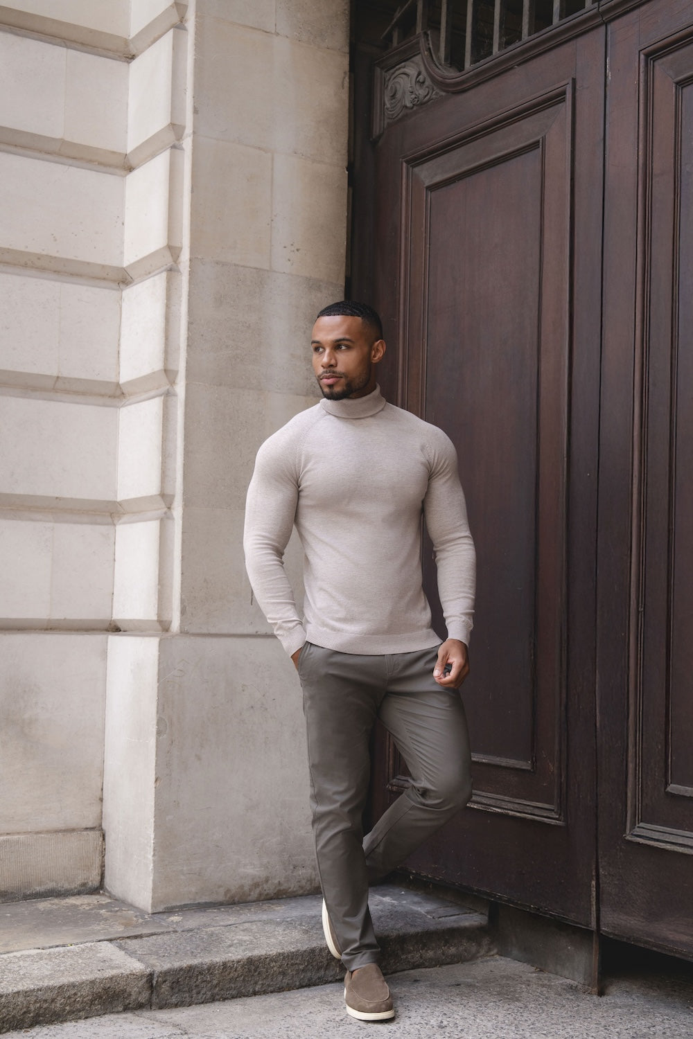 Cotton Blend Roll Neck Jumper in Neutral Marl