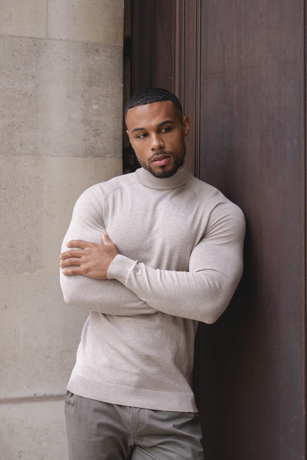 Cotton Blend Roll Neck Jumper in Neutral Marl