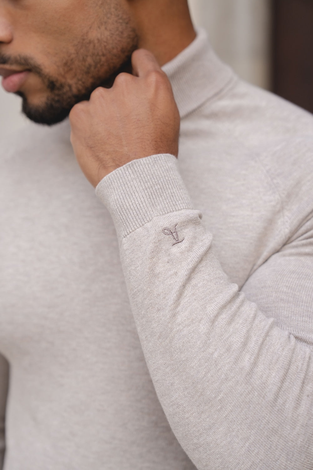 Cotton Blend Roll Neck Jumper in Neutral Marl