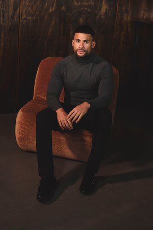 Cotton Blend Roll Neck Jumper in Charcoal