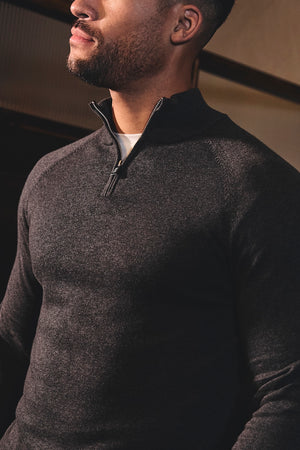 Pure Cotton Knitted Half Zip Neck Jumper in Dark Charcoal Marl