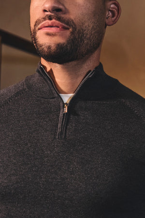 Pure Cotton Knitted Half Zip Neck Jumper in Dark Charcoal Marl