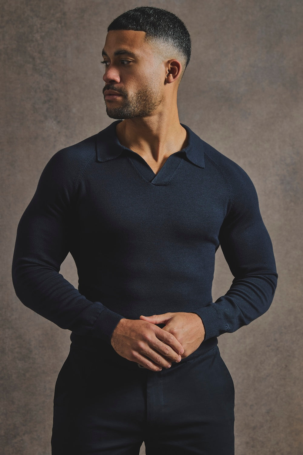 Pure Cotton Knitted Open Collar Polo Shirt in Navy