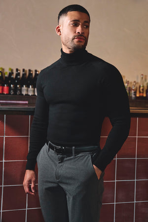Cotton Blend Roll Neck Jumper in Black