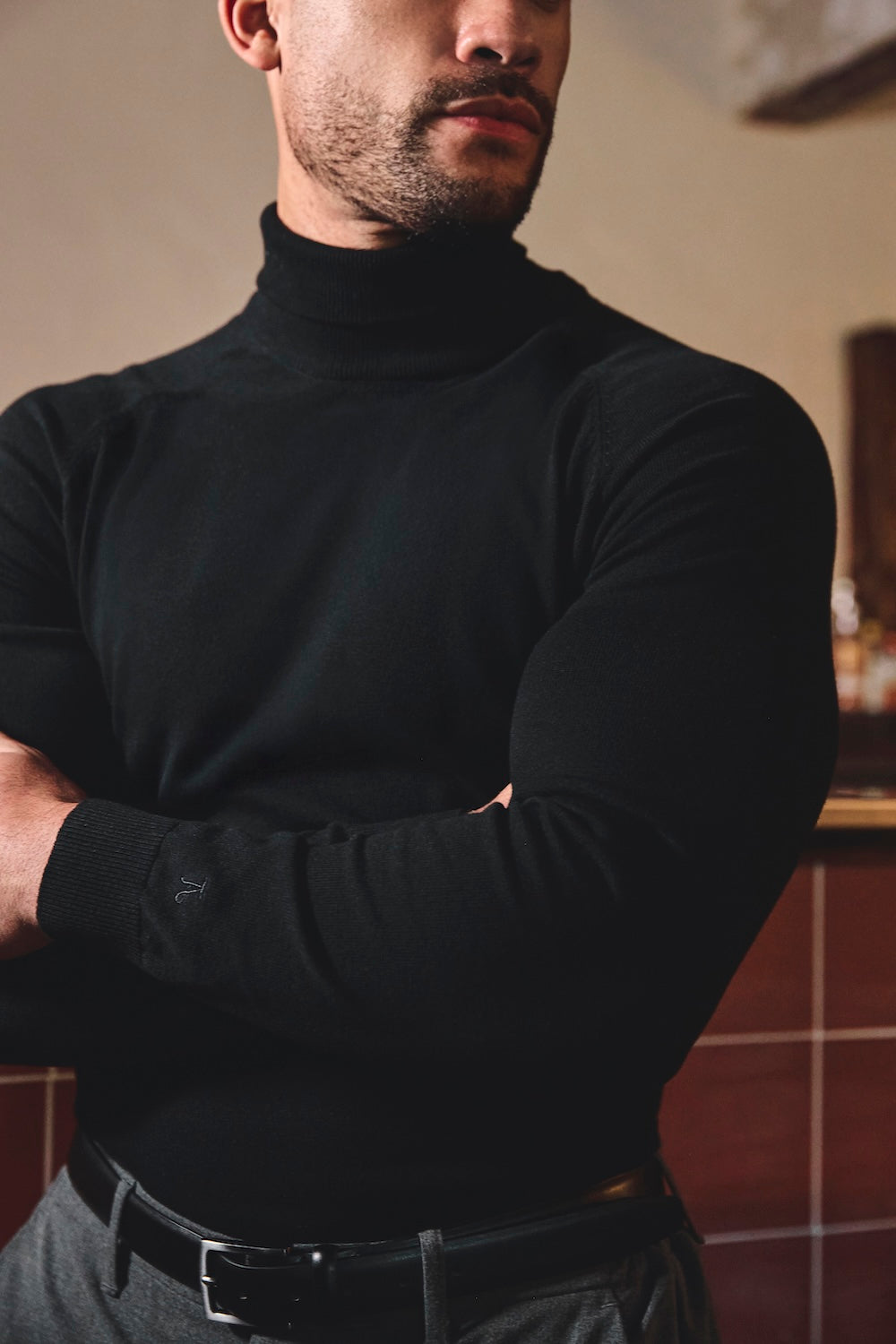 Cotton Blend Roll Neck Jumper in Black