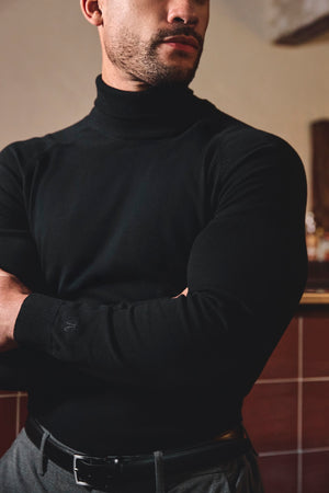 Cotton Blend Roll Neck Jumper in Black