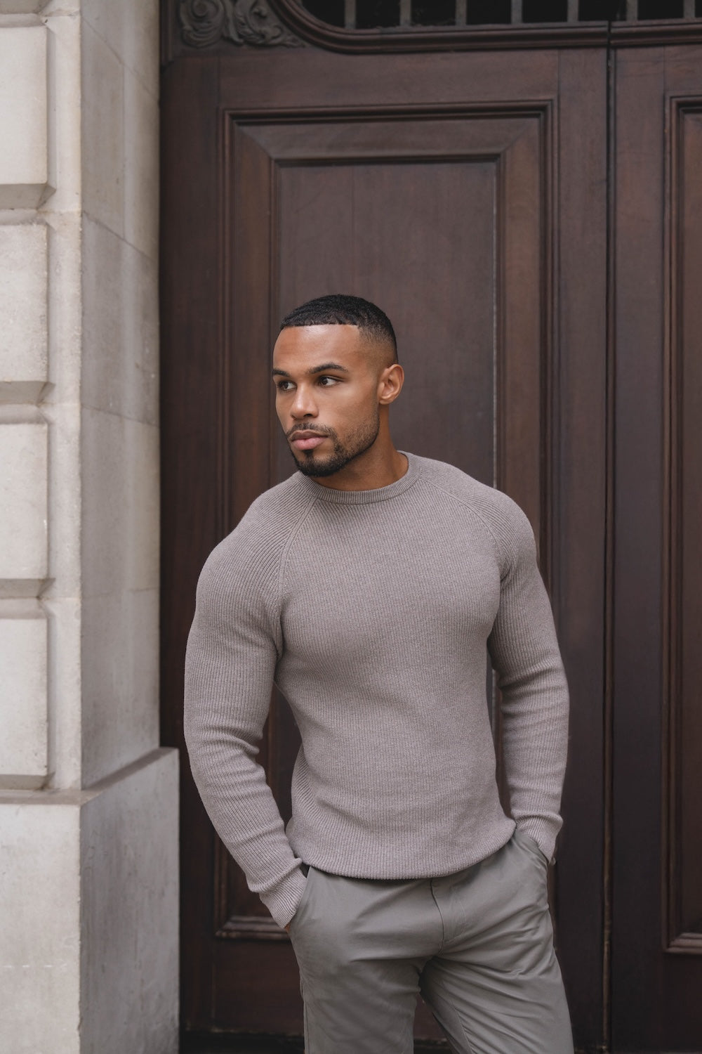 Pure Cotton Knitted Textured Crew Neck Jumper in Brown Marl