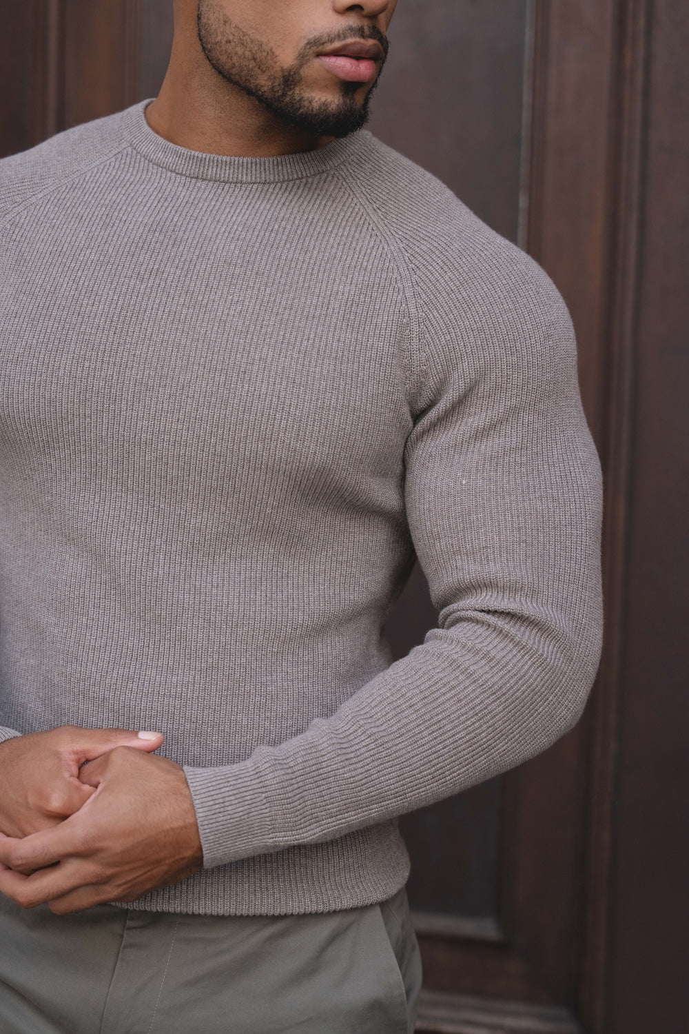 Pure Cotton Knitted Textured Crew Neck Jumper in Brown Marl