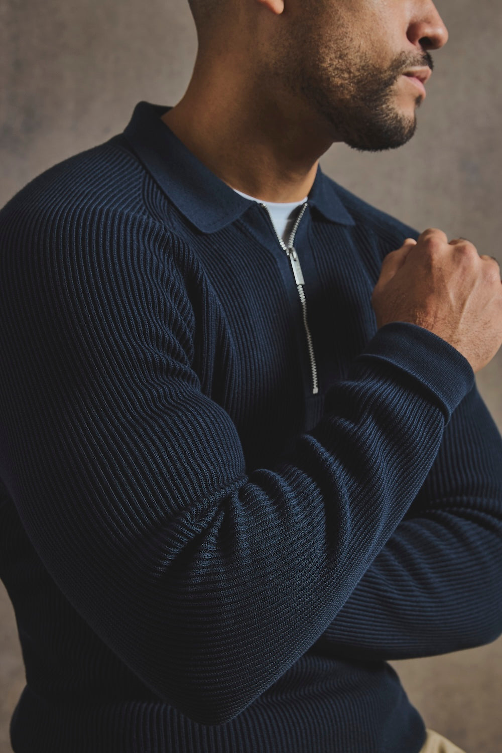 Cotton Textured Knitted Half Zip Polo Shirt in Navy