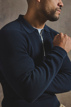 Cotton Textured Knitted Half Zip Polo Shirt in Navy