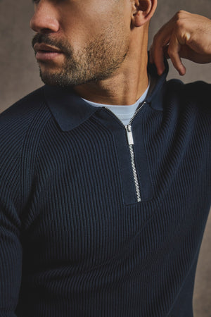 Cotton Textured Knitted Half Zip Polo Shirt in Navy