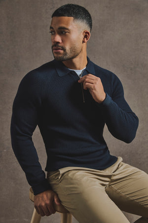 Cotton Textured Knitted Half Zip Polo Shirt in Navy