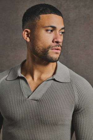 Cotton Textured Knitted Open Collar Polo Shirt in Mole