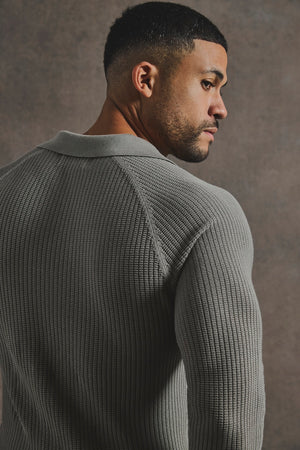 Cotton Textured Knitted Open Collar Polo Shirt in Mole