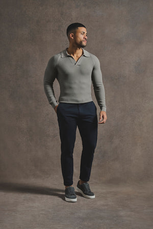 Cotton Textured Knitted Open Collar Polo Shirt in Mole