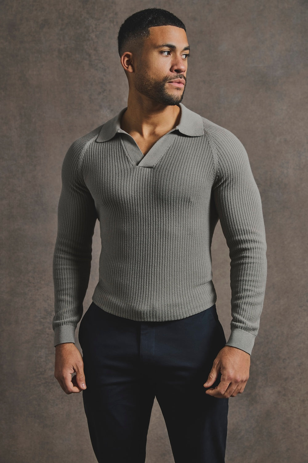 Cotton Textured Knitted Open Collar Polo Shirt in Mole