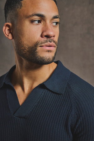 Cotton Textured Knitted Open Collar Polo Shirt in Navy