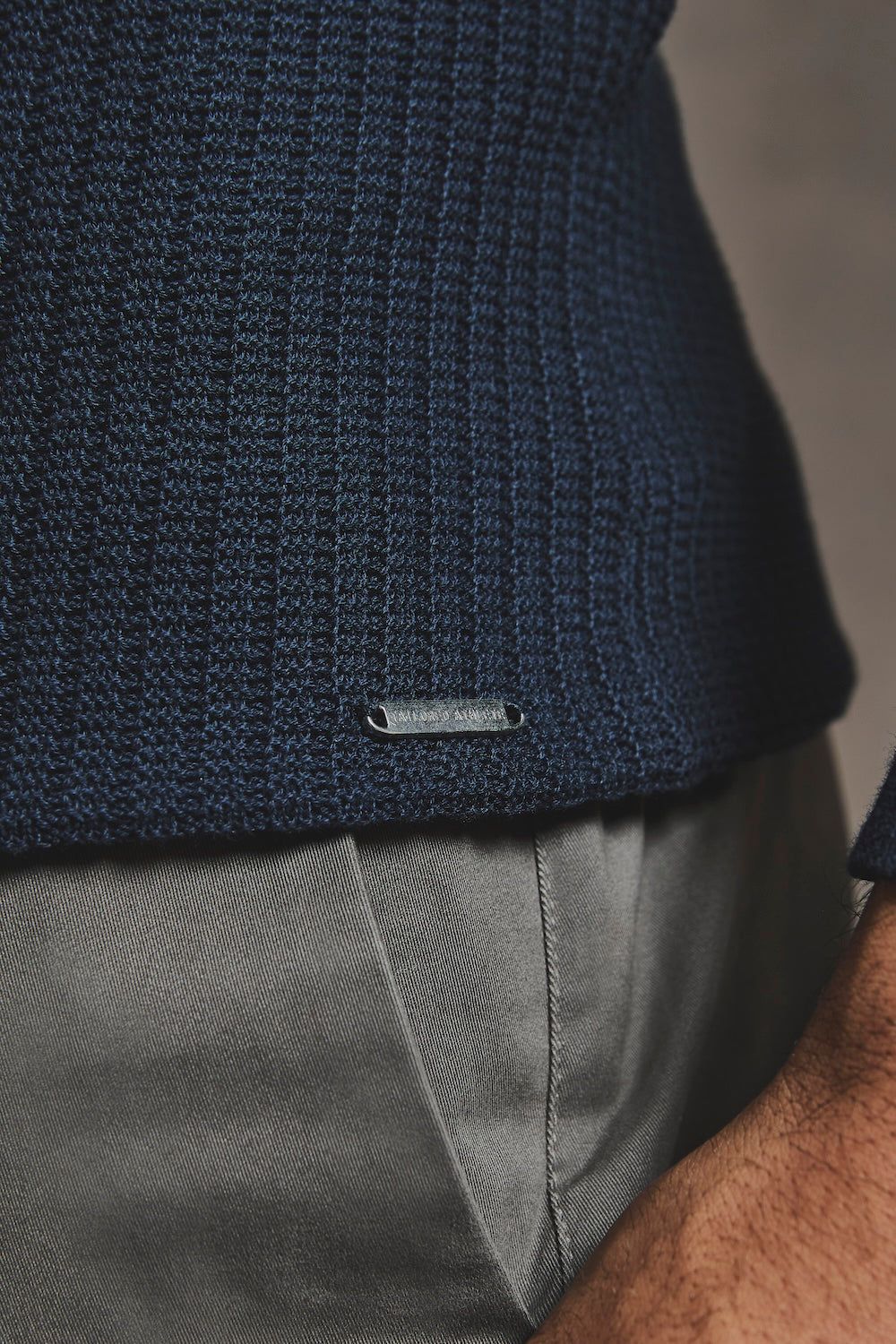 Cotton Textured Knitted Open Collar Polo Shirt in Navy